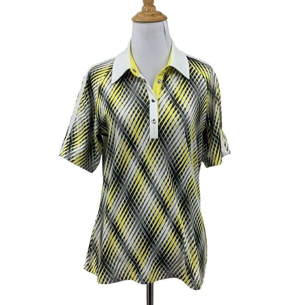 GG Blue Polo Shirt Womens M Multi Geo Print Snap Button Collared Short Sleeve